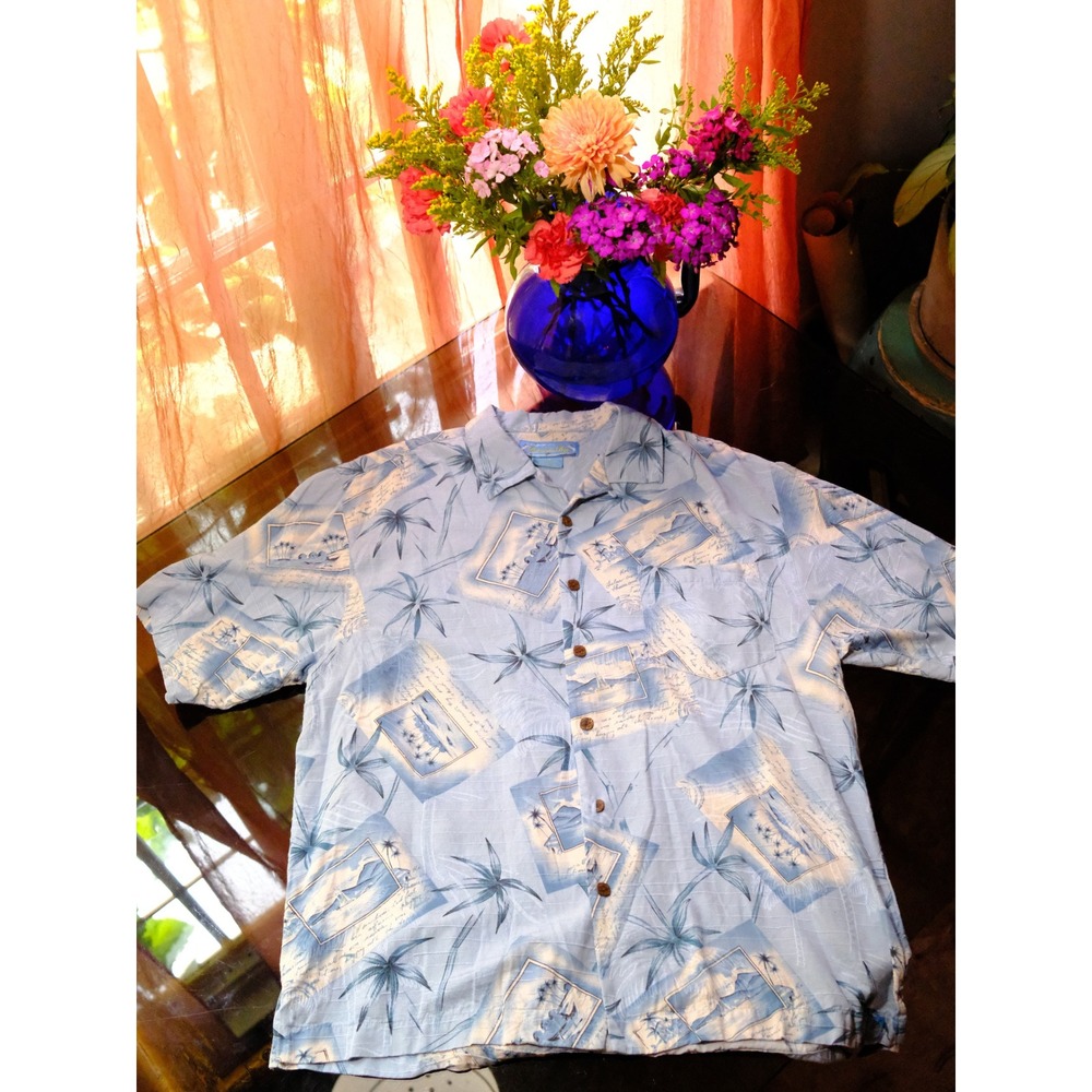 Bermuda Bay Mens Silk Tropical Postcard Print Camp Shirt Blue Large